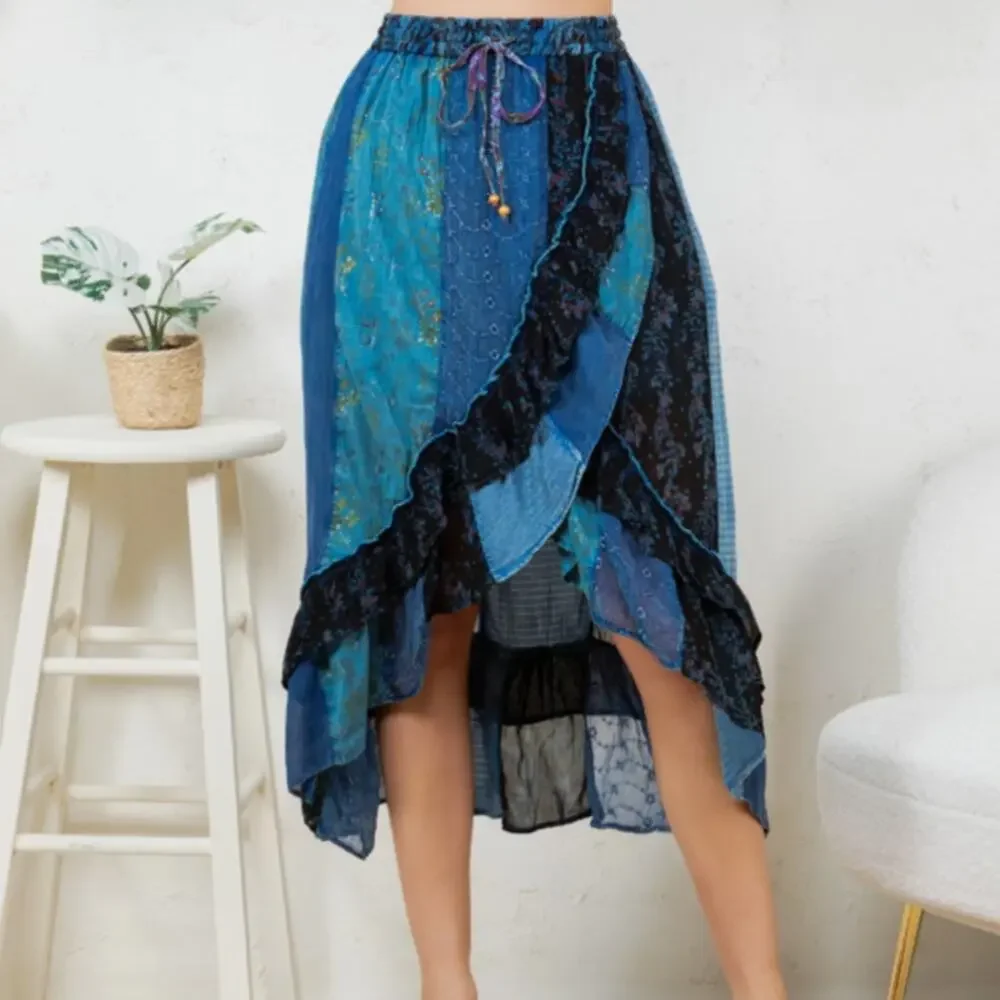 Young Threads Indigo Blue Patchwork Ruffle Wrap Midi Skirt XL - Coastal Boho